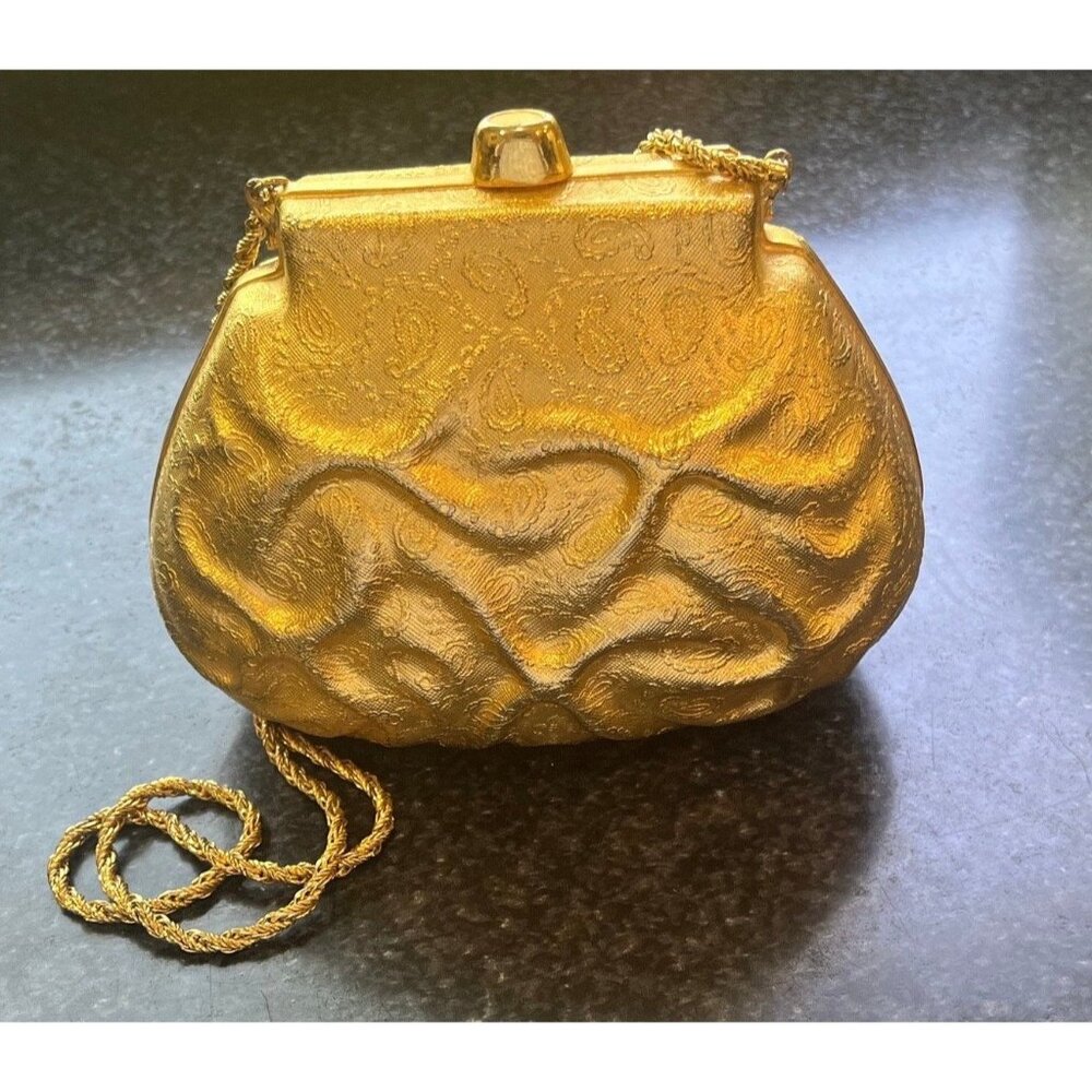 Vtg 1960's Saks Fifth Avenue Gold Metal Clamshell Bag Gold Cord Strap Evening